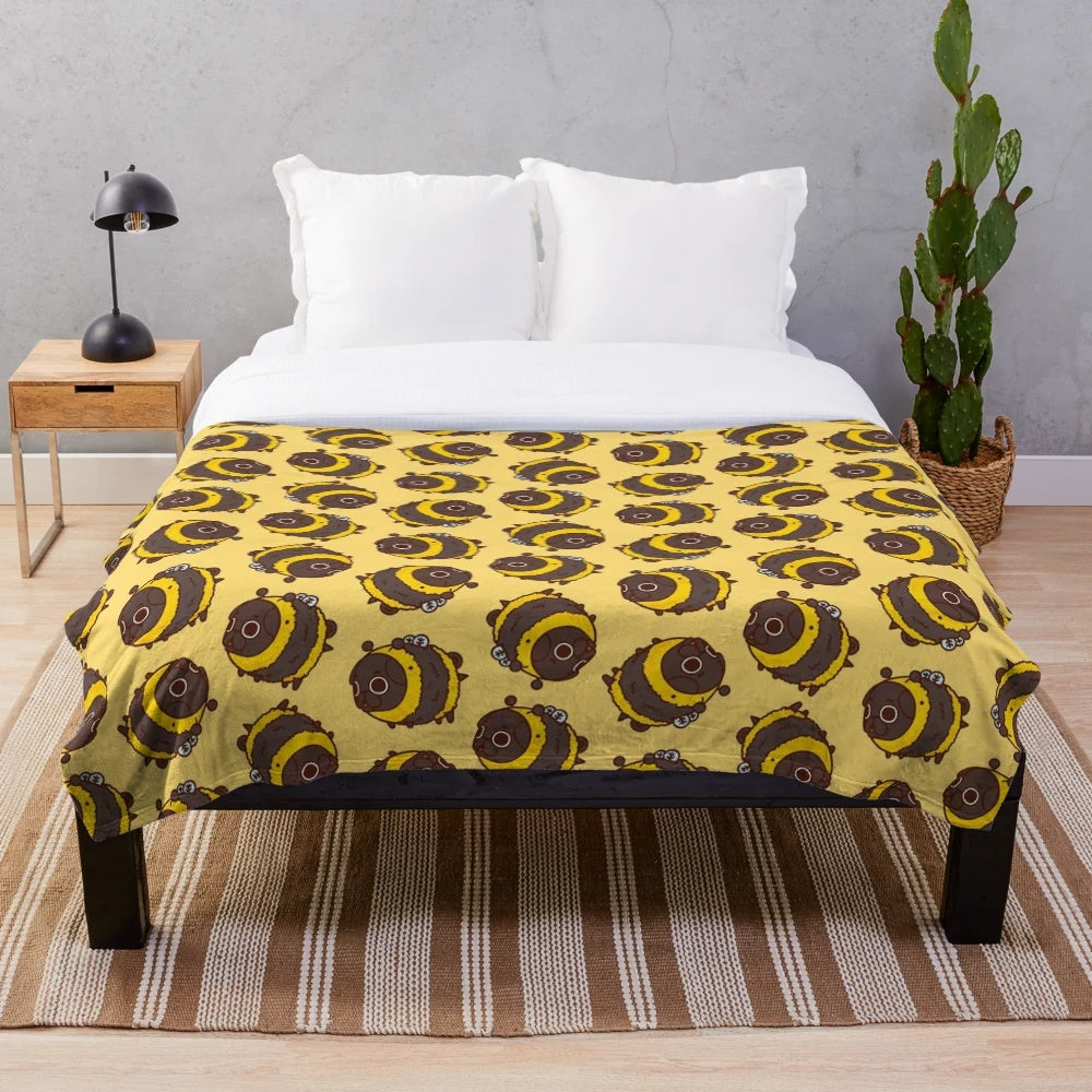 Cozy plush blanket with cute pug and bee design
