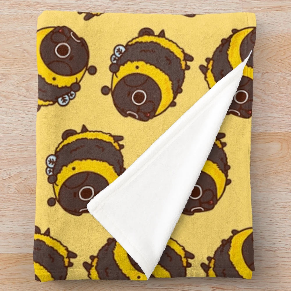Cozy plush blanket with cute pug and bee design