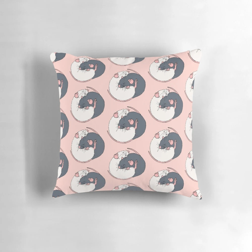 Soft and plush pillow featuring a cuddling rat design in soothing blue and white colors.
