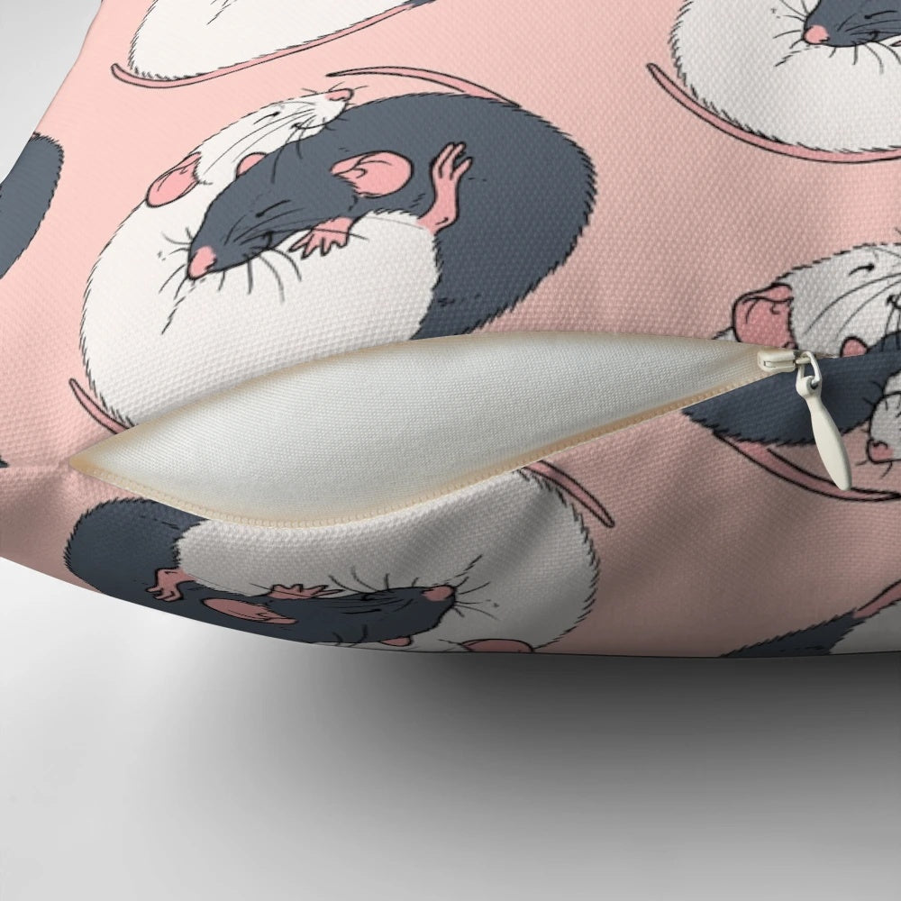 Soft and plush pillow featuring a cuddling rat design in soothing blue and white colors.