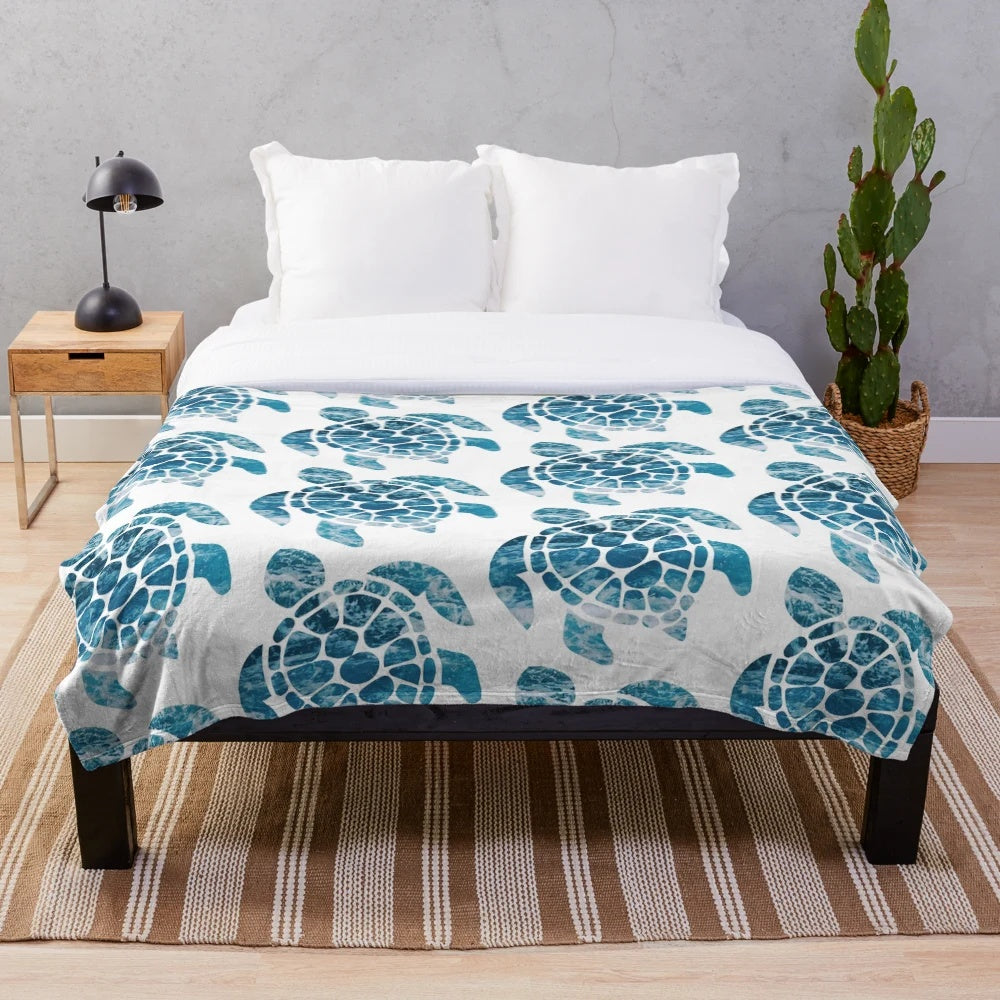 Cozy and soft plush sea turtle blanket with ocean waves design