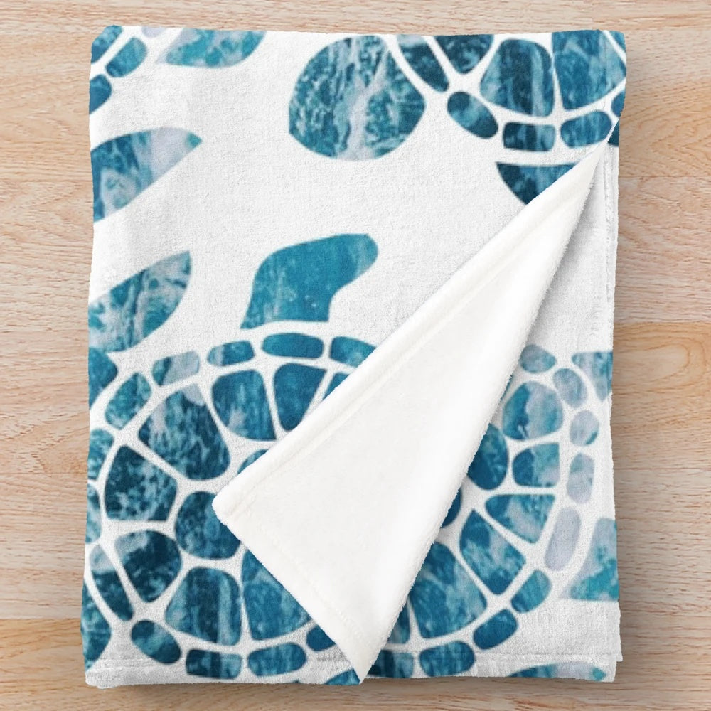 Cozy and soft plush sea turtle blanket with ocean waves design
