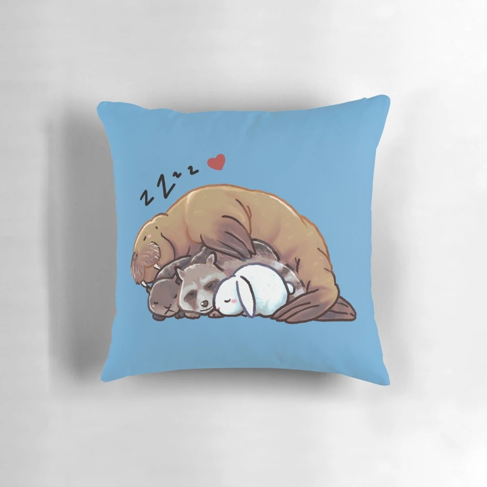 Colorful pillow featuring sleeping GOTG characters like Rocket the raccoon, Lylla the otter, and Teefs the walrus in a cozy, cuddling scene.
