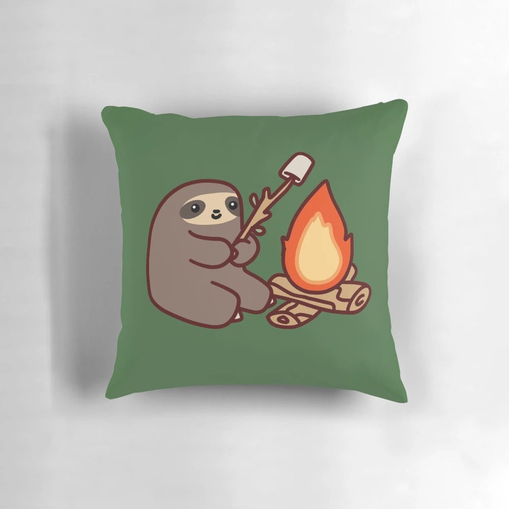 Adorable sloth lounging by a campfire, roasting a marshmallow on a stick