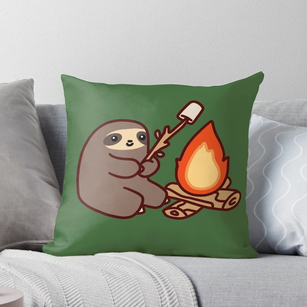 Adorable sloth lounging by a campfire, roasting a marshmallow on a stick