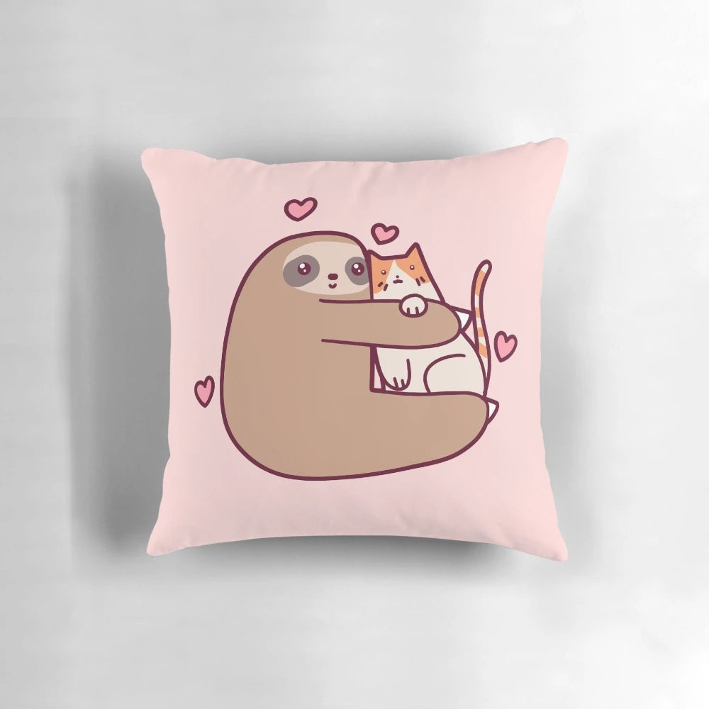 Adorable sloth hugging a cute cat on a plush pillow