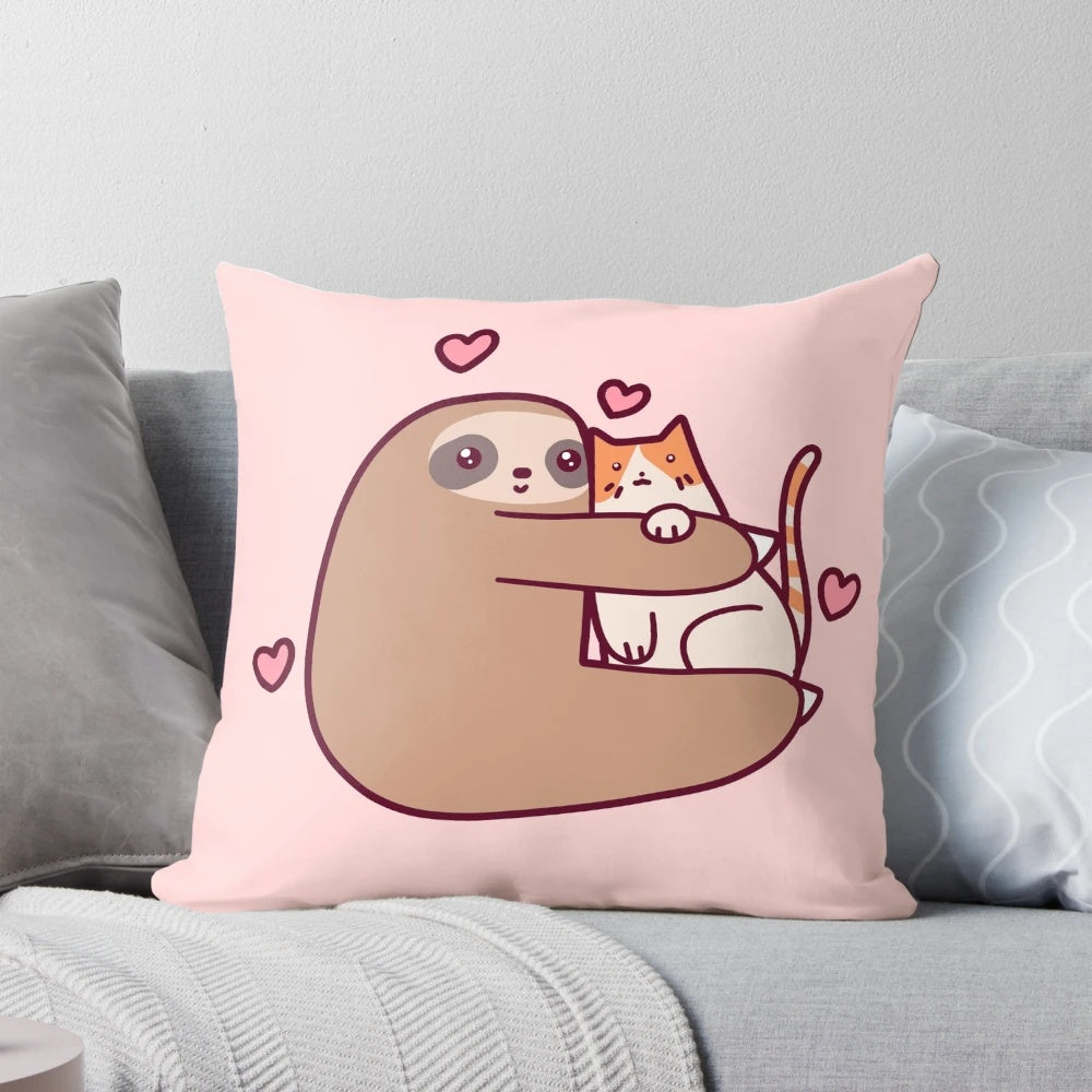 Adorable sloth hugging a cute cat on a plush pillow