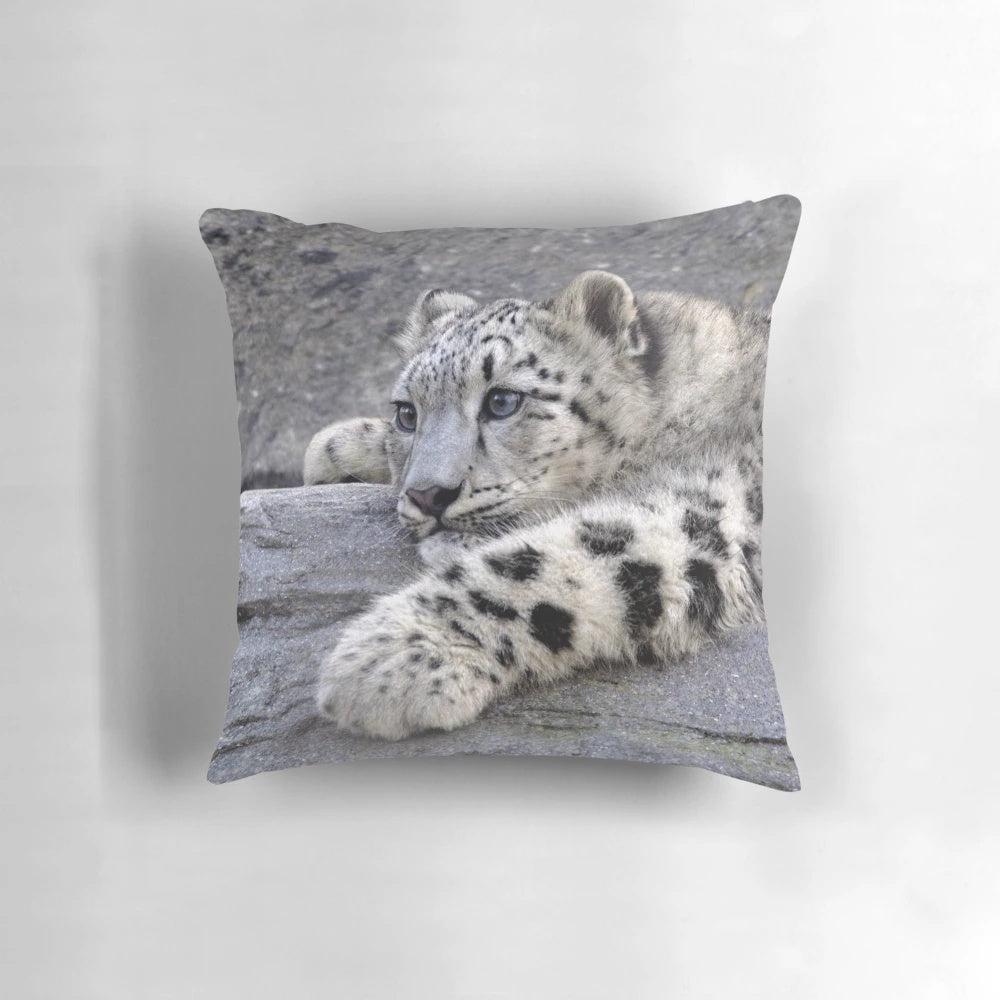 Cozy snow leopard-themed plush pillow for home décor