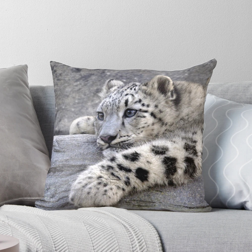 Cozy snow leopard-themed plush pillow for home décor