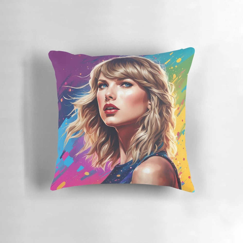 Close-up of Taylor Swift's face on a soft, plush pillow