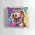 Close-up of Taylor Swift's face on a soft, plush pillow