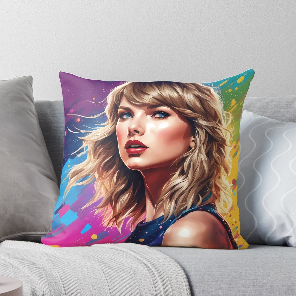 Close-up of Taylor Swift's face on a soft, plush pillow