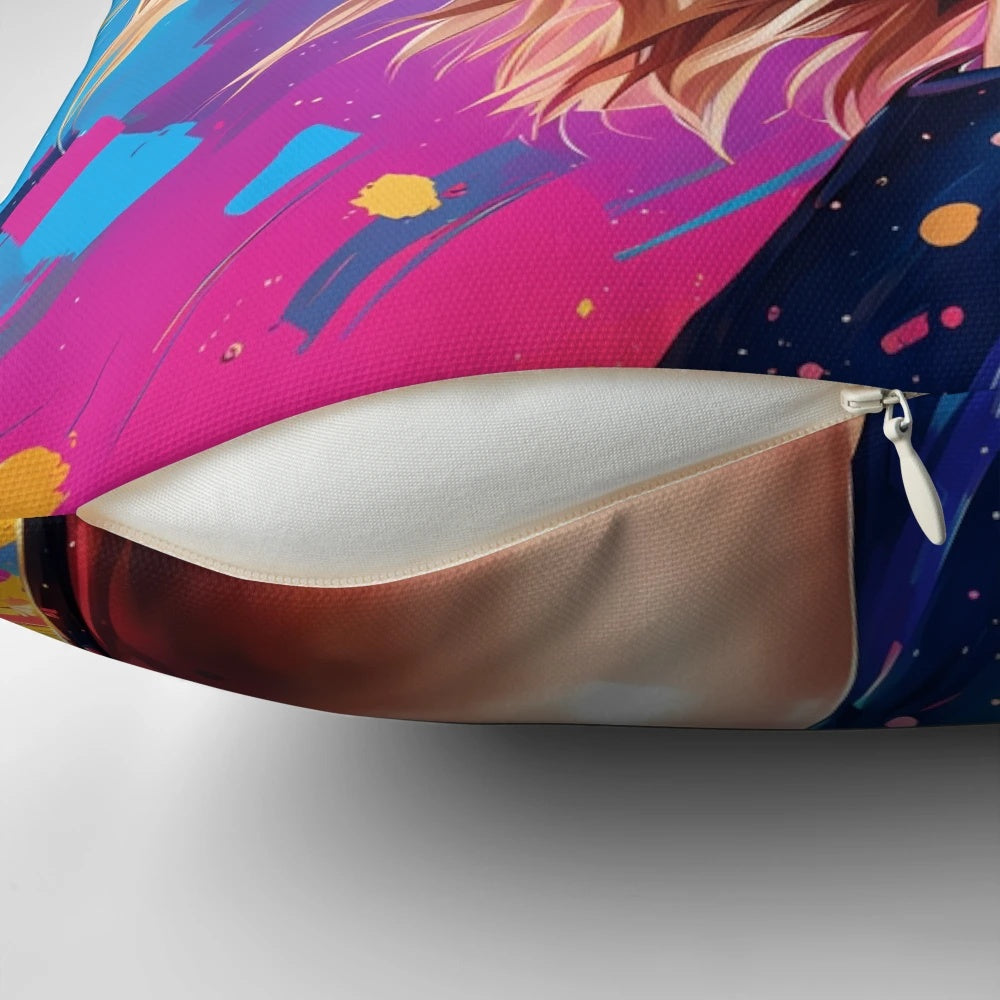 Close-up of Taylor Swift's face on a soft, plush pillow