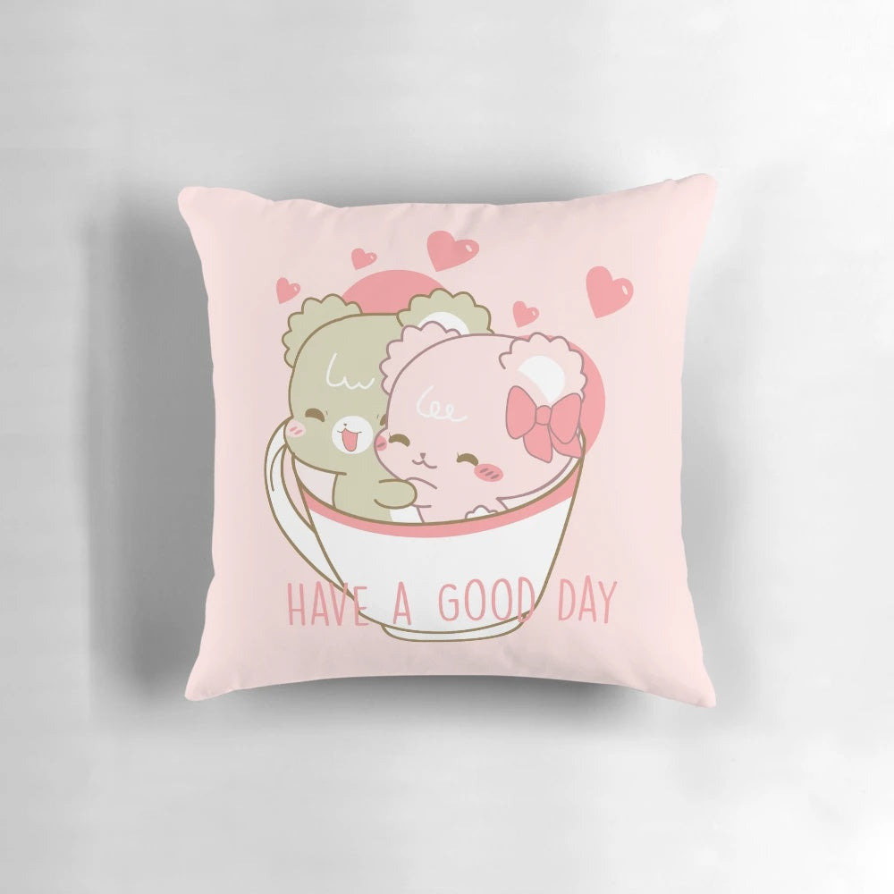 Soft, plush teddy bear pillow with a mocha latte design, perfect for home decor.