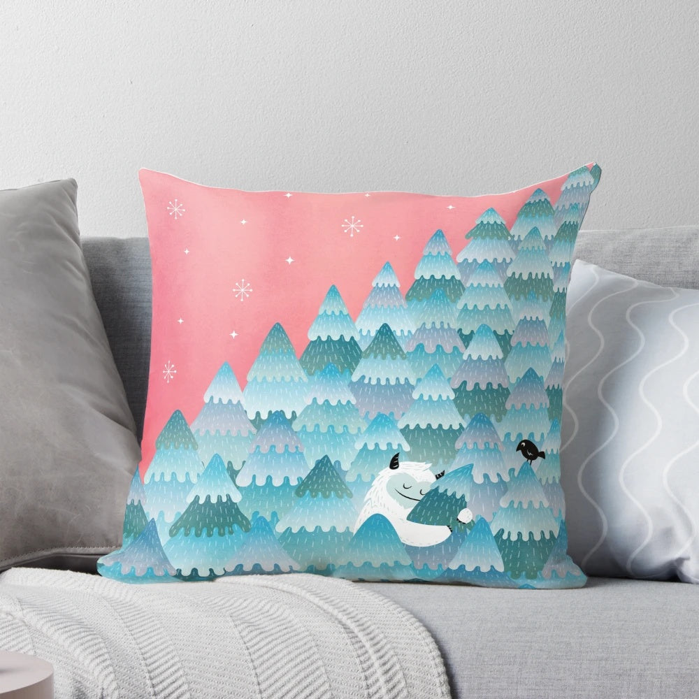 Soft, plush "Tree Hugger" pillow featuring a hugging monster or yeti in a forest setting, perfect for nature enthusiasts and holiday decorating.