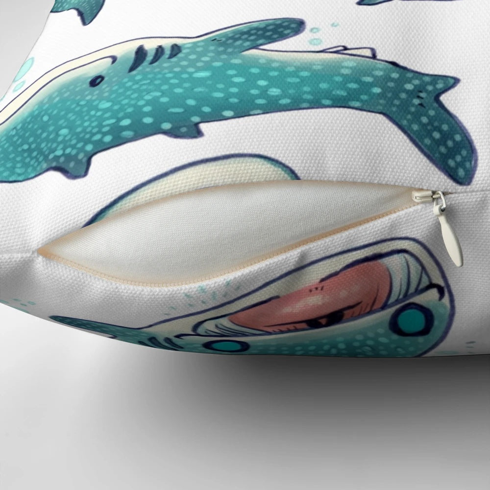A soft, plush whale shark pillow in a blue and white color scheme, perfect for adding a touch of marine life to any space.
