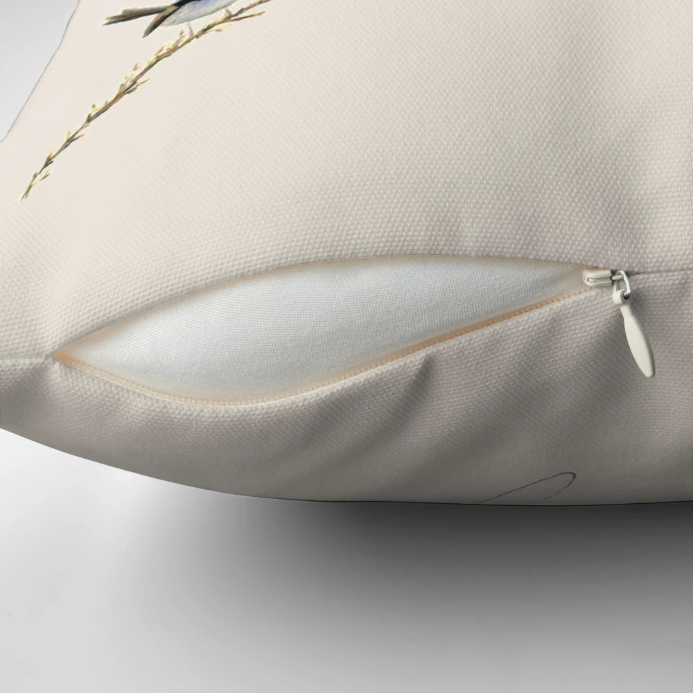 A plush pillow featuring an illustration of a wombat and a blue fairy wren, an iconic Australian wildlife duo.