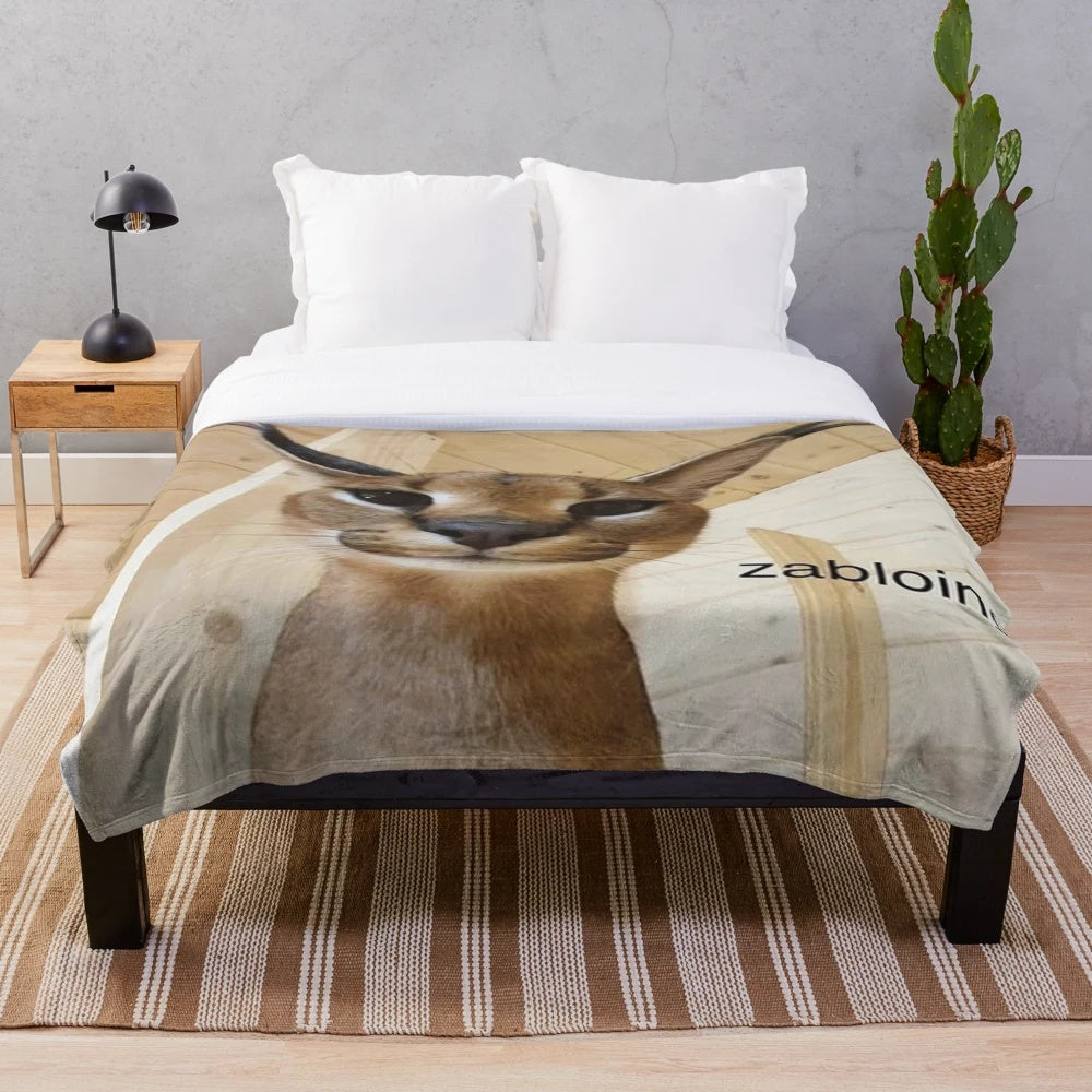 Zabloing meme inspired plush blanket with a cute caracal cat design