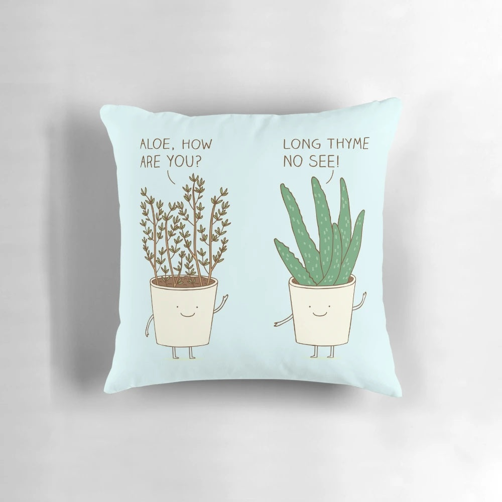 A vibrant garden etiquette-themed throw pillow with whimsical illustrations and a playful message.