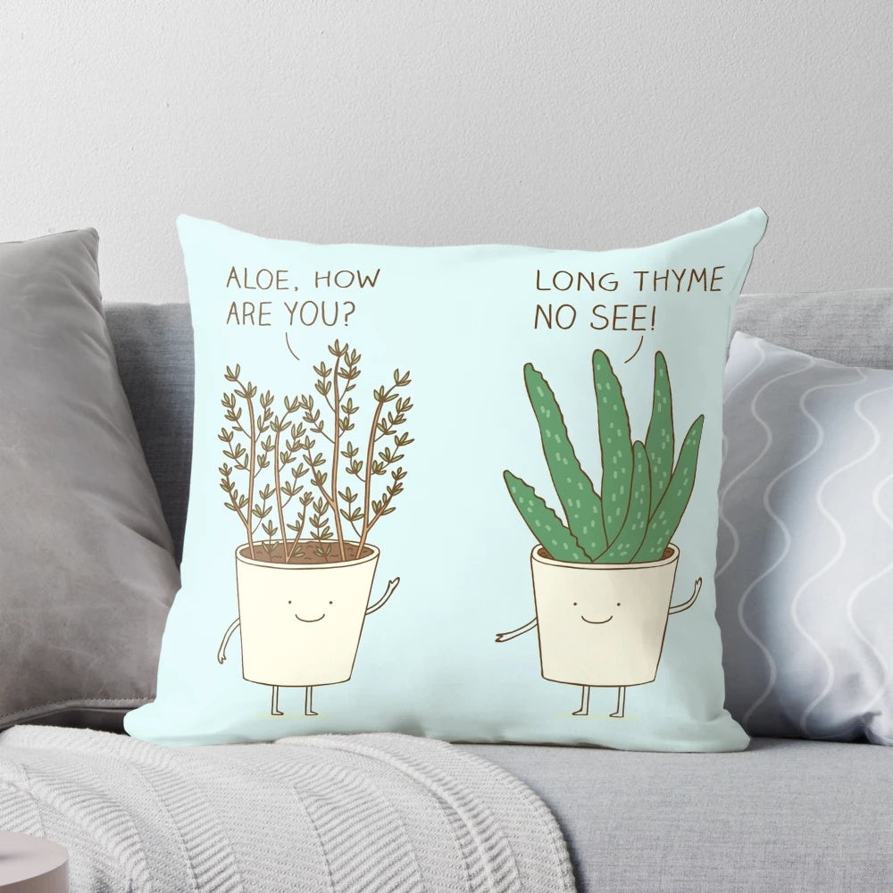 A vibrant garden etiquette-themed throw pillow with whimsical illustrations and a playful message.