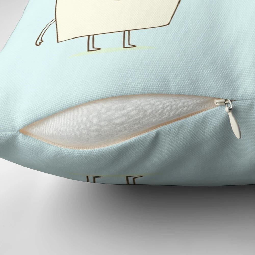 A vibrant garden etiquette-themed throw pillow with whimsical illustrations and a playful message.