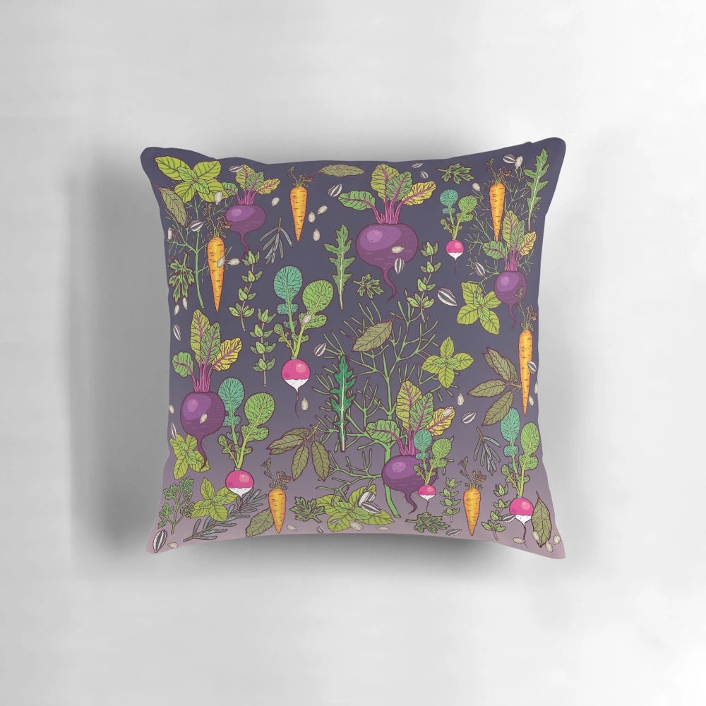 Gardener's Dream Pillow featuring whimsical illustrations of vegetables and nature
