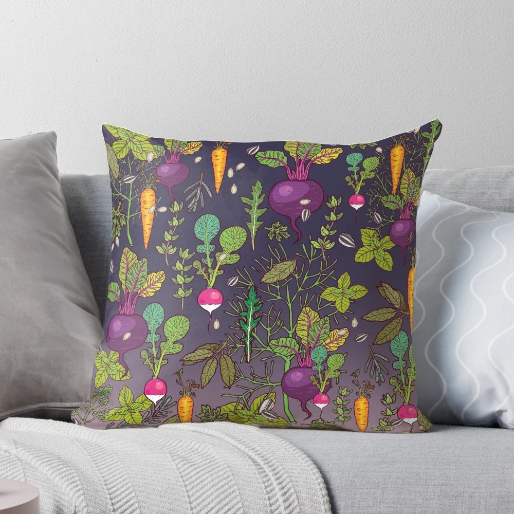 Gardener's Dream Pillow featuring whimsical illustrations of vegetables and nature
