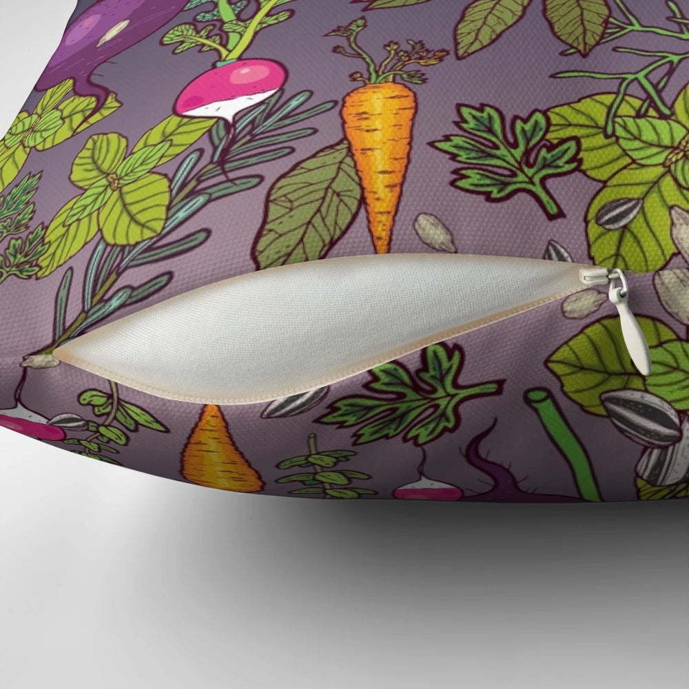 Gardener's Dream Pillow featuring whimsical illustrations of vegetables and nature