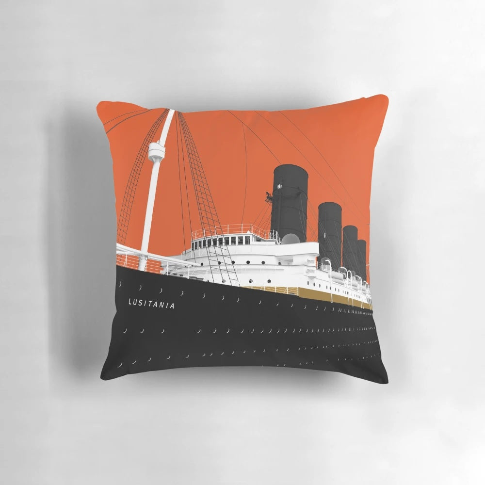 Cunard Line Ocean Liner RMS Lusitania PopArt design on a red throw pillow