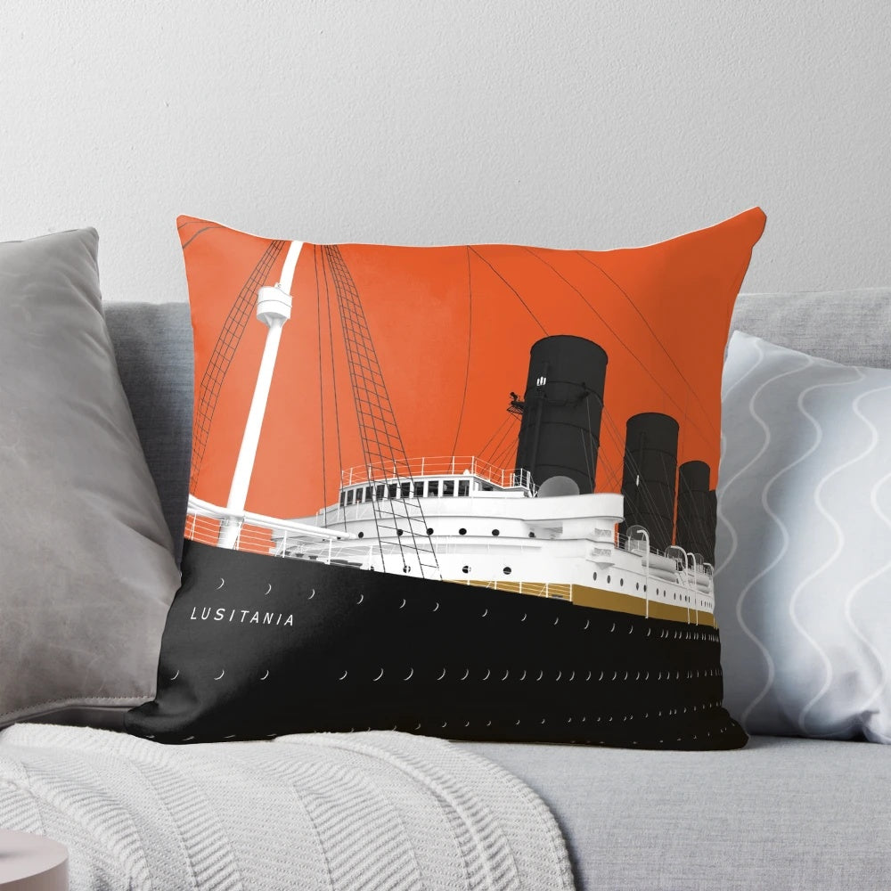 Cunard Line Ocean Liner RMS Lusitania PopArt design on a red throw pillow