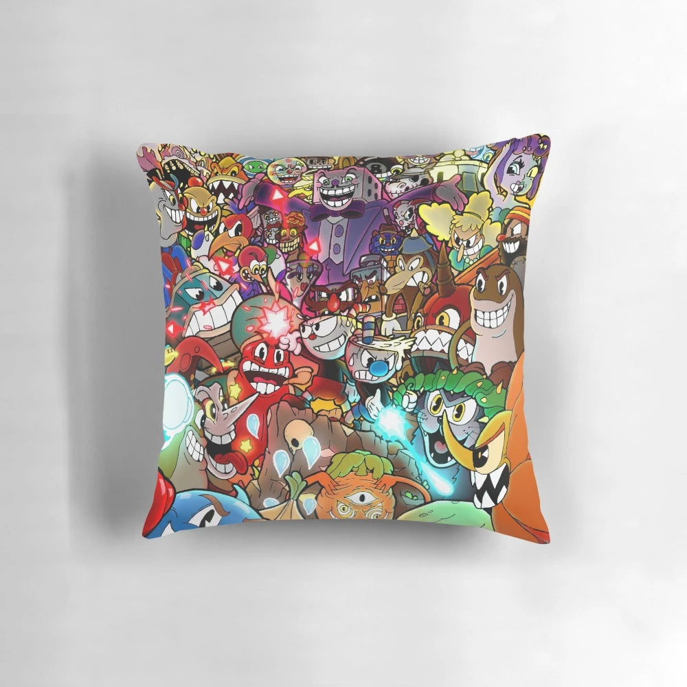 Cuphead-themed color pillow and poster featuring characters like Mugman, King Dice, and the Devil