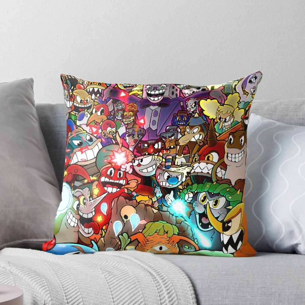 Cuphead-themed color pillow and poster featuring characters like Mugman, King Dice, and the Devil