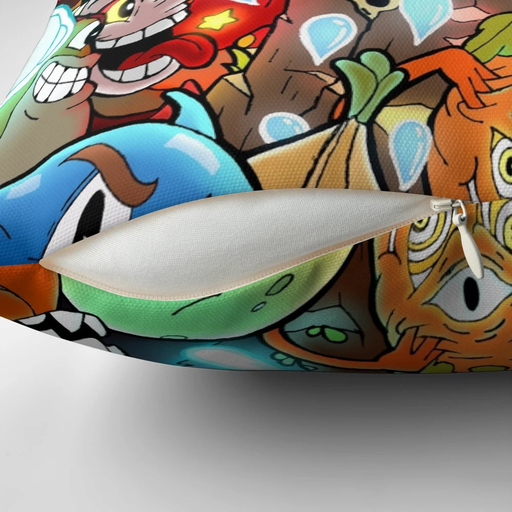 Cuphead-themed color pillow and poster featuring characters like Mugman, King Dice, and the Devil