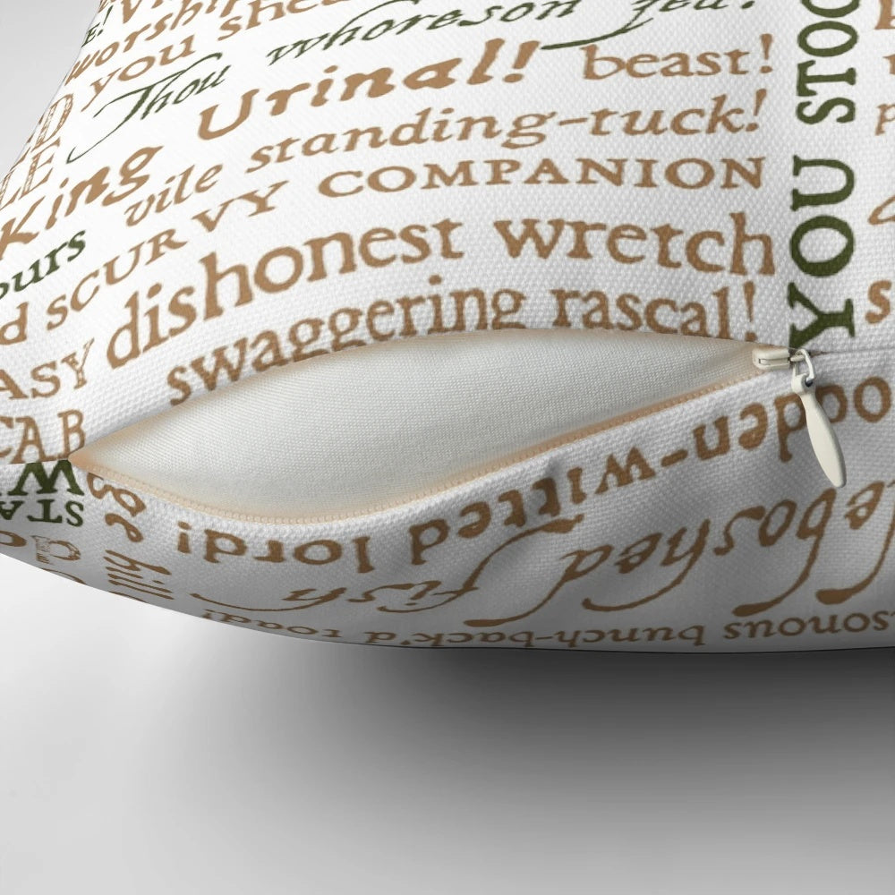 A decorative throw pillow featuring a curated collection of Shakespeare's most clever and humorous insults.