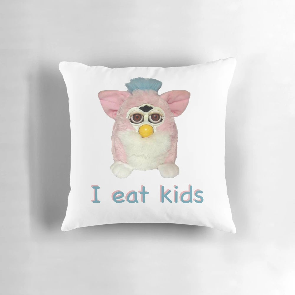 Cursed Furby Pillow with Humorous "I Eat Kids" Text