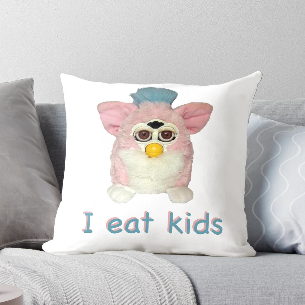 Cursed Furby Pillow with Humorous "I Eat Kids" Text