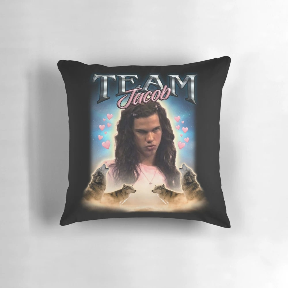 Cursed Team Jacob Fan Collage Pillow featuring a seagull, a wolf, and other meme elements