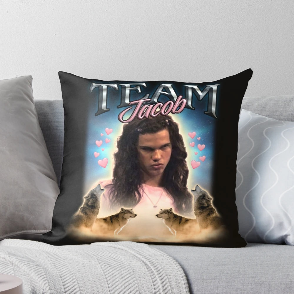Cursed Team Jacob Fan Collage Pillow featuring a seagull, a wolf, and other meme elements