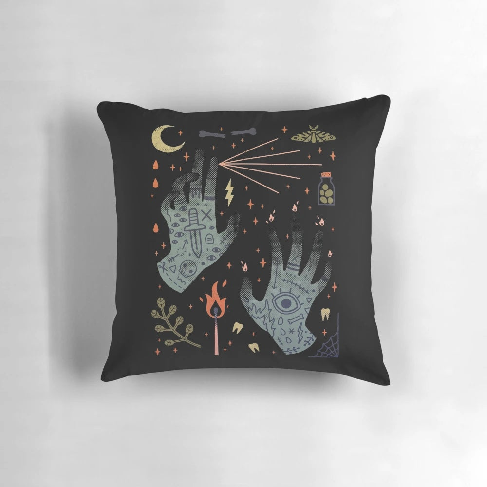 Decorative pillow with occult and witchy design, perfect for spooky home décor