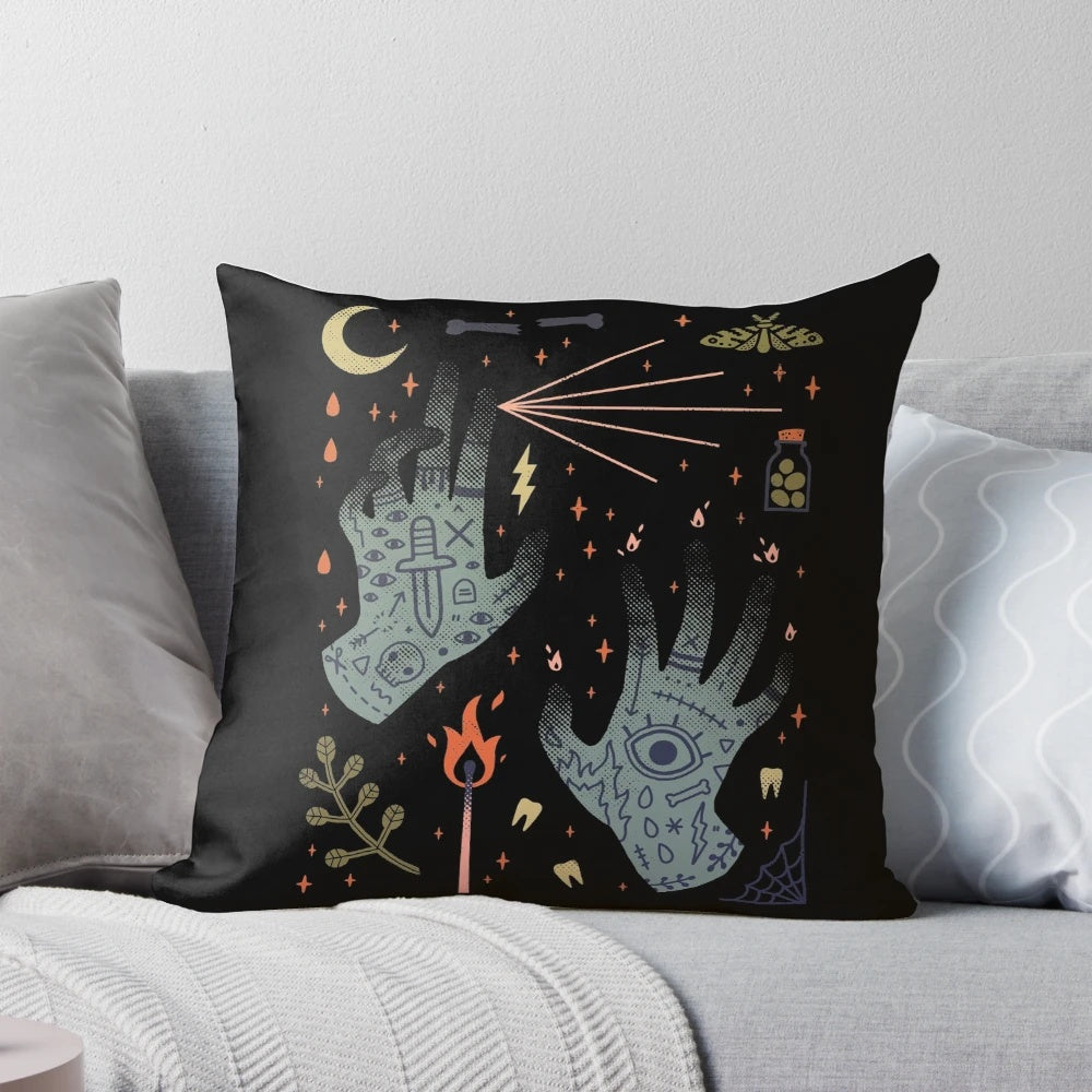 Decorative pillow with occult and witchy design, perfect for spooky home décor
