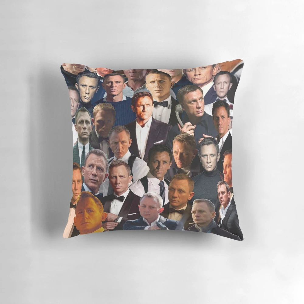 A custom pillow featuring a collage of photos of Daniel Craig