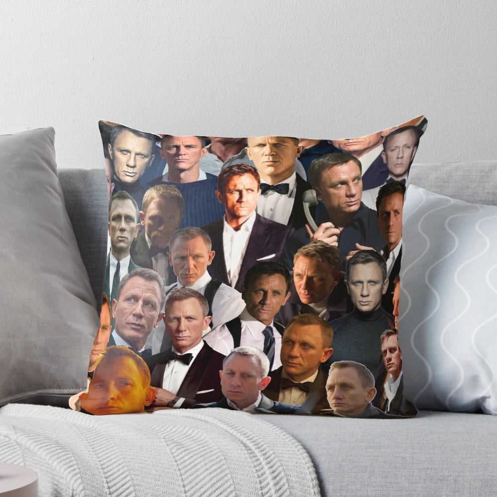 A custom pillow featuring a collage of photos of Daniel Craig