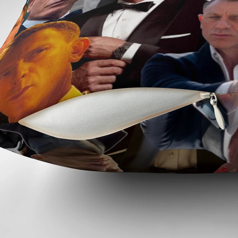 A custom pillow featuring a collage of photos of Daniel Craig