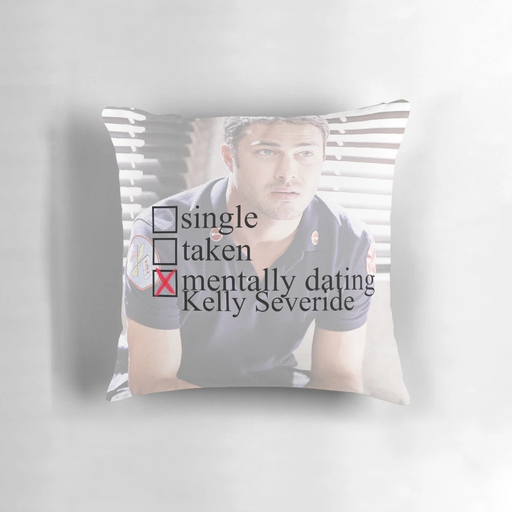Custom decorative pillow featuring a design inspired by the character Kelly Severide from the TV show Chicago Fire.