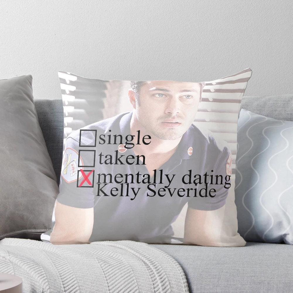 Custom decorative pillow featuring a design inspired by the character Kelly Severide from the TV show Chicago Fire.