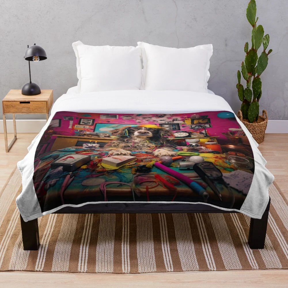 Soft, cozy plush blanket featuring a custom dog portrait created using Midjourney AI technology