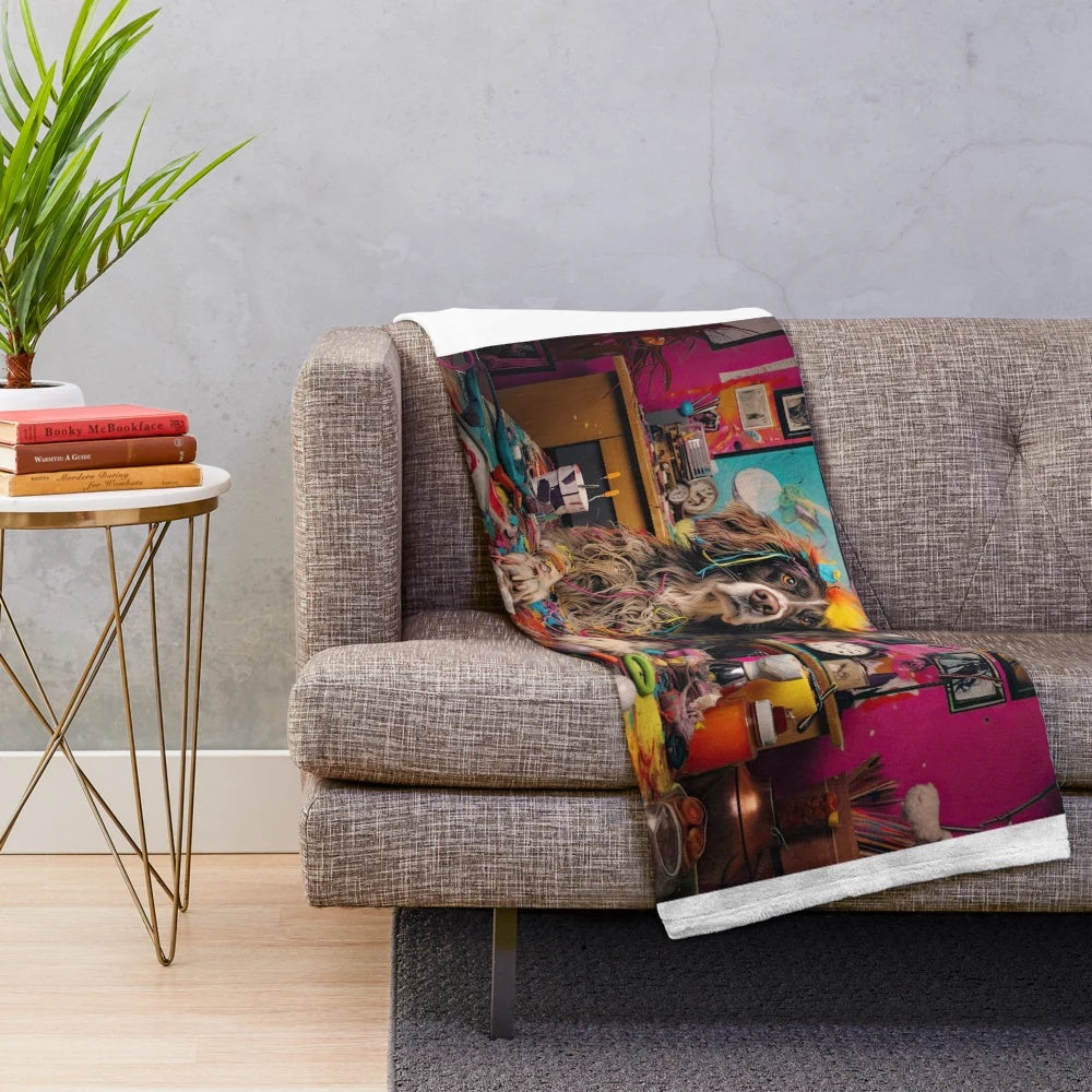 Soft, cozy plush blanket featuring a custom dog portrait created using Midjourney AI technology
