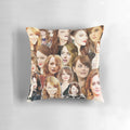 A decorative throw pillow featuring a collage of images of actress Emma Stone.