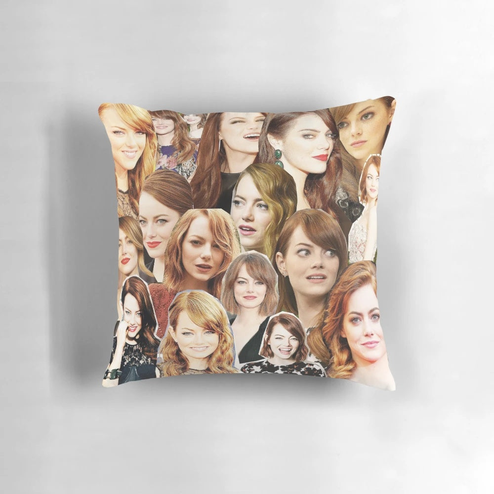A decorative throw pillow featuring a collage of images of actress Emma Stone.