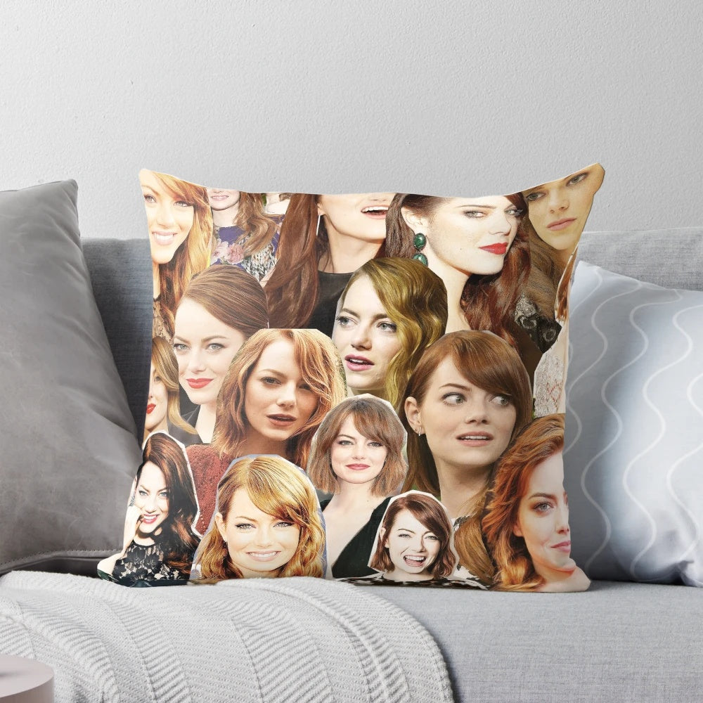 A decorative throw pillow featuring a collage of images of actress Emma Stone.
